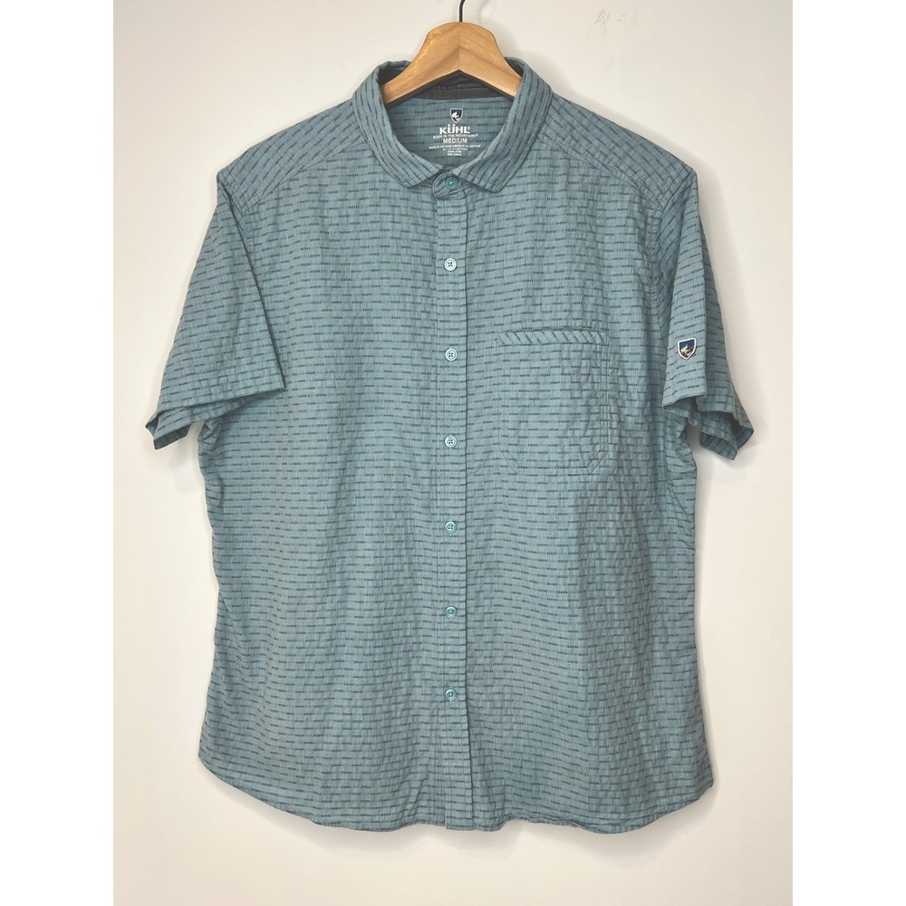 Kuhl Seersucker Shirt Mens Medium Blue Short Sleeve Button Up Outdoor Preppy EUC